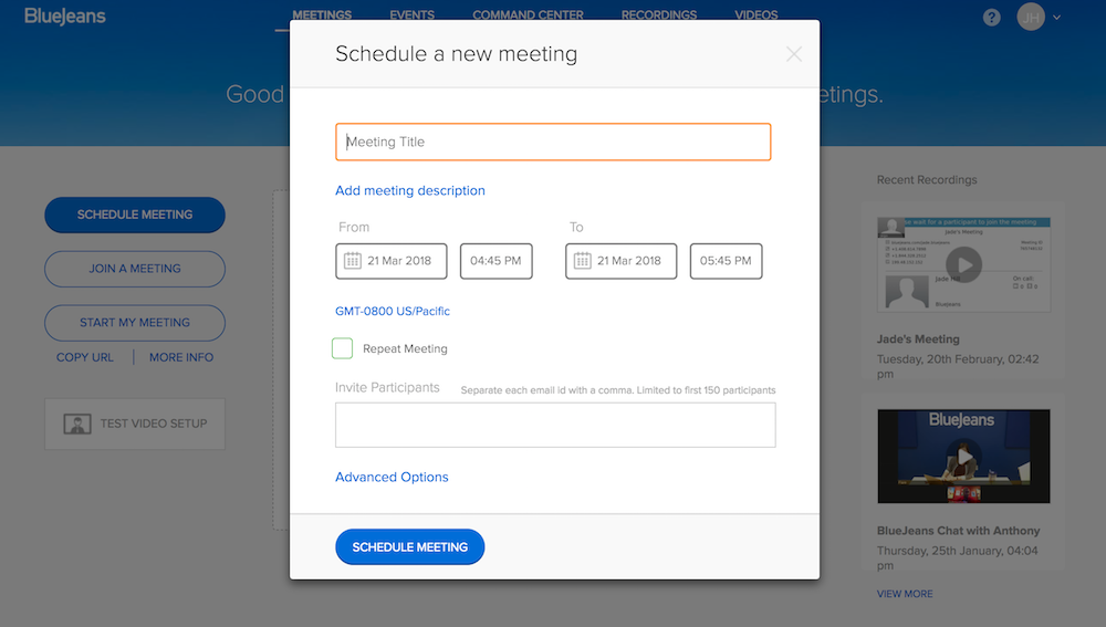 Schedule a BlueJeans Meeting